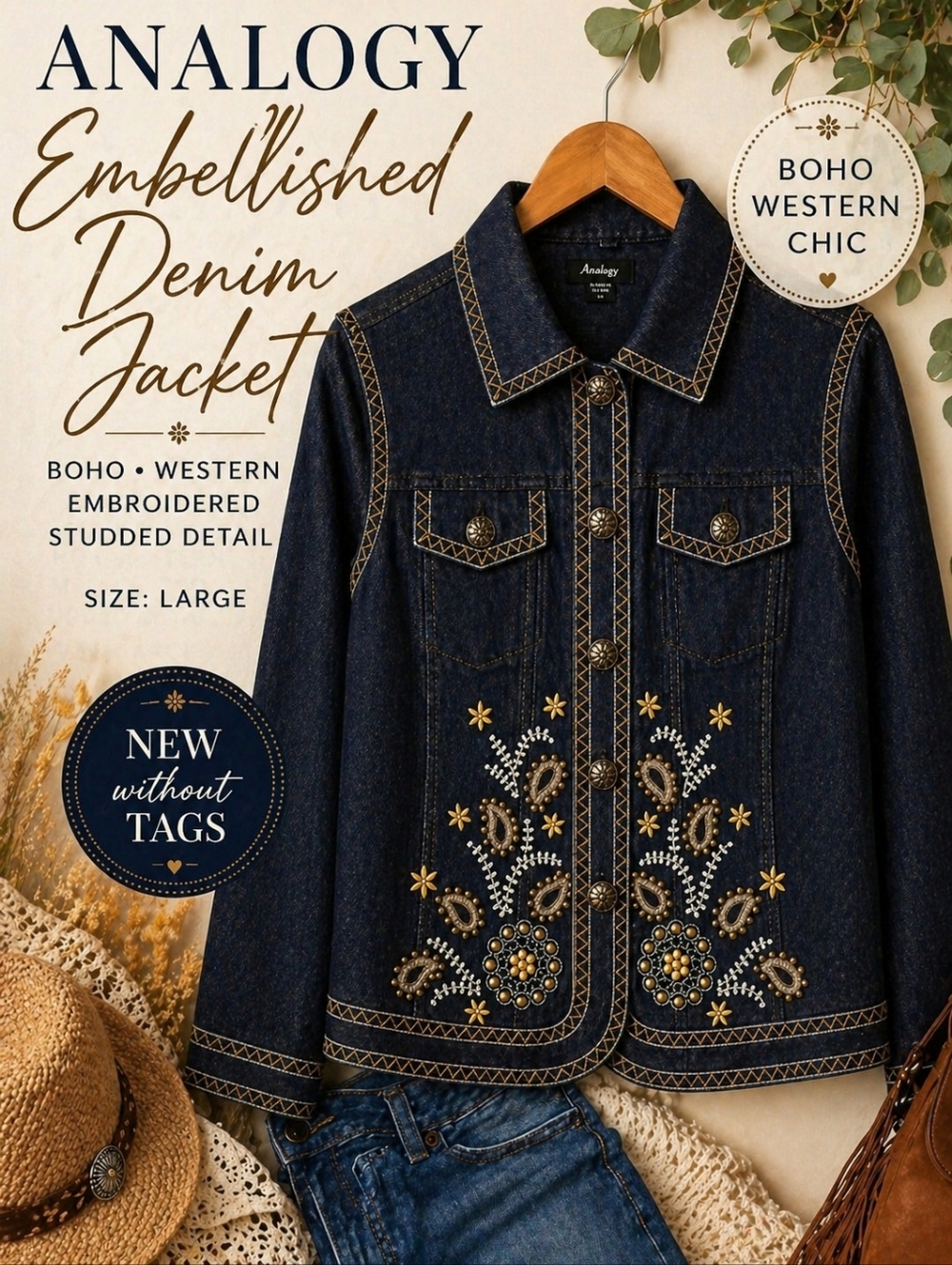 Analogy Embellished Denim Jacket L Boho Western Floral Studded Cropped Dark Wash